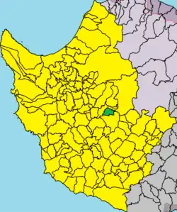 Lapithiou is highlighted in green on a yellow map of Pathos District