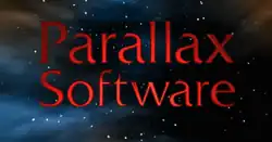 The words "Parallax" and "Software" in red, aligned vertically, superimposed over a collage of stars