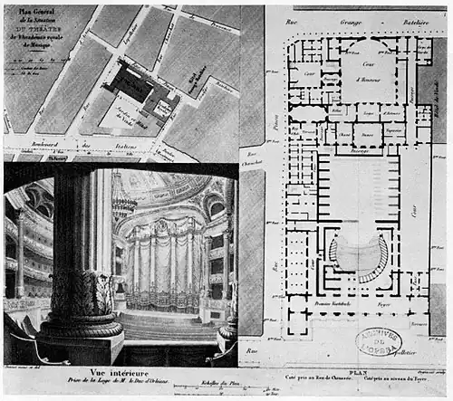 Site plan, floor plan, and interior perspective view (1822)