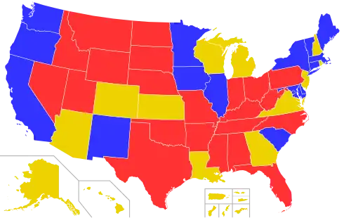 Map of the United States with states and territories colored according to the political party affiliation of their state auditor