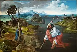 Landscape with Saint Christopher, c. 1520, oil on panel, 125&nbsp;cm ×&nbsp;170&nbsp;cm (49&nbsp;in ×&nbsp;67&nbsp;in), El Escorial, Monasterio de San Lorenzo, Spain