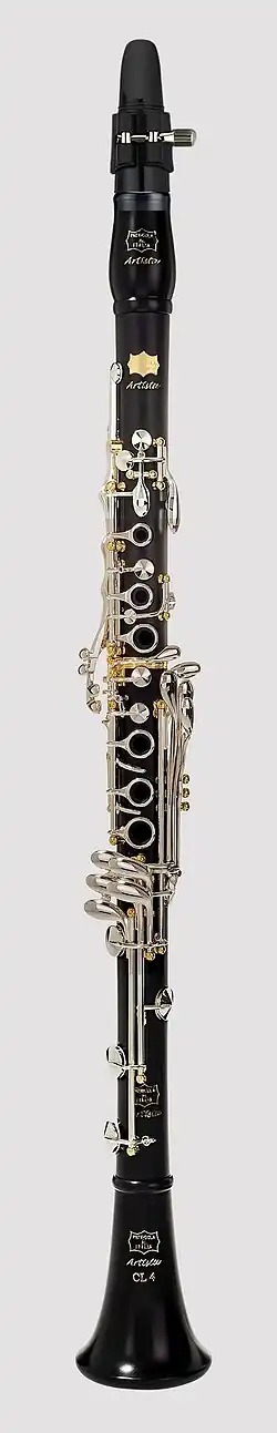 Full Boehm clarinet with 21 keys and 7 rings developed c. 1870.