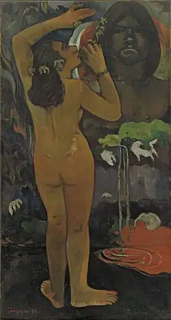 Paul Gauguin: Hina Te Fatu, 1893, donation to the Museum of Modern Art. Oil on burlap, 114.3 × 62.6&nbsp;cm (45.00 × 24.65 in)