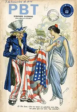 Cover of Argentine magazine PBT n° 519 about relations between the USA and Argentina in 1914, featuring the Uncle Sam and the Liberty of Oudiné.