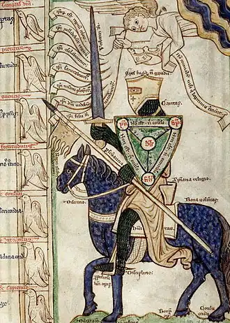 An armed horseman holding a sword, a lance, and a shield, with an angel over him