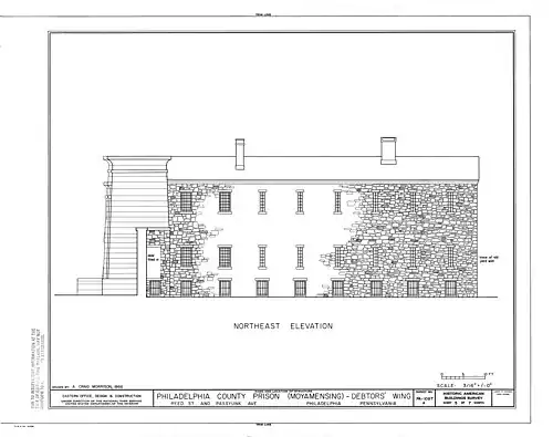 A drawing from the 1960s. Partial hatching on the stone facade is used for clarity.