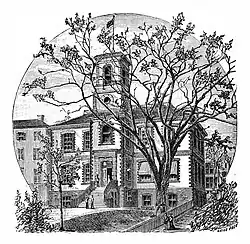 This 1881 engraving shows the building after the 1850 addition of the tower