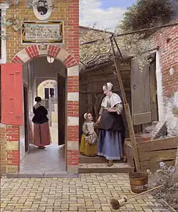 Pieter de Hooch, Courtyard of a House in Delft, 1658, a study in domestic virtue, texture and spatial complexity. The woman is a servant.[54]