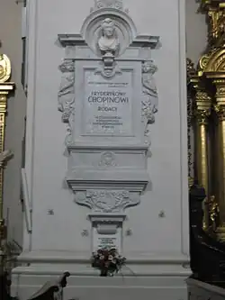 Funerary monument on a pillar in Holy Cross Church, Warsaw, enclosing Chopin's heart (just above the bouquet at the bottom)