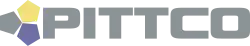 Three pentagons in yellow, blue, and gray with a gray Pittco text next to it, flattened