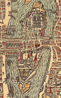 The two small islands in 1575, before they were joined together to form the square