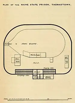 Black line drawing on yellowed paper in the form of a rounded square mostly taken up by a stone quarry with small cells and other buildings below it.