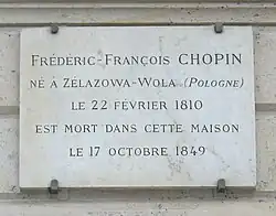 Plaque on Hôtel Baudard de Saint-James, commemorating Chopin's death there