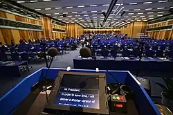 Teleprompter glass on left and right from speaker's point of view