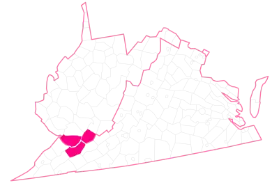 Geographical boundary of the Pocahontas Coalfield (in pink) comprising Tazewell County Virginia, McDowell County West Virginia and Mercer County West Virginia