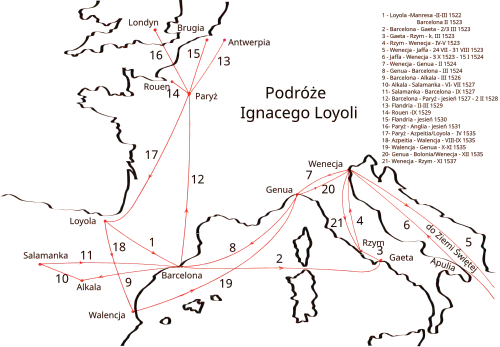 The journeys of Ignatius of Loyola at different times
