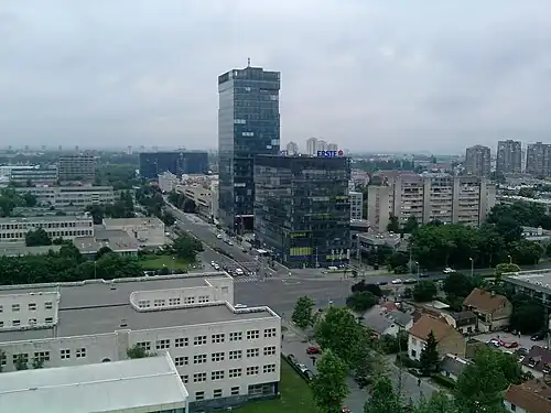 Intersection of Street of Vukovar city and Street of Ivana Lučića with Eurotower in the background