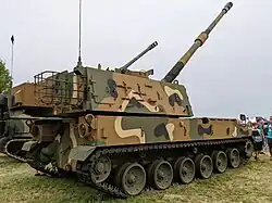 A Polish K9 howitzer maneuvers on the firing range for a live fire demonstration