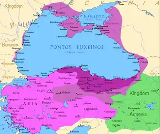 The Pontic empire at its height: before the reign of Mithridates VI (dark purple), after his early conquests (purple), and his conquests in the first Mithridatic Wars (pink)