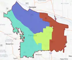 The four districts electing members to Portland City Council. District 3 is shown in green.