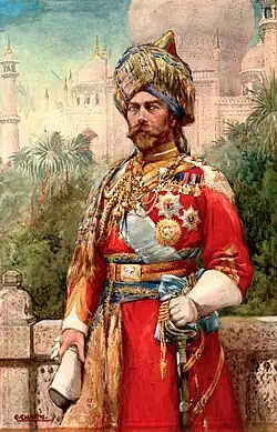 Portrait of King George V at Delhi by Christopher Clark, 1915. He wears the Order with the uniform of the 18th King George's Own Lancers.