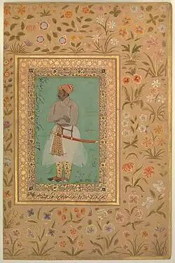 Border by Daulat to a portrait by Nanha of Maharaja Bhim Kanwar, son of Amar Singh I of Mewar, from the Kevorkian Album, a muraqqa (album), c. 1615–29. Border signed "the work of the slave of the threshold Daulat"