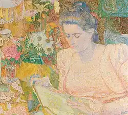 Impressionist painting of a young woman reading a book