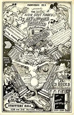 Advertising poster for Bob Gardiner's multi-media event, January 25, 1979, at Strutters' Hall, Portland, OR.