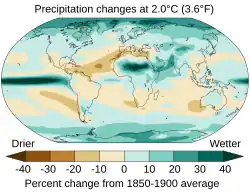 Contour map of modeled relative changes in global average annual precipitation given 2 °C of warming