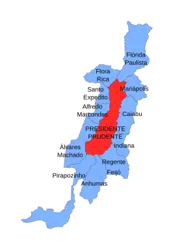 Map showing Presidente Prudente and its neighbors