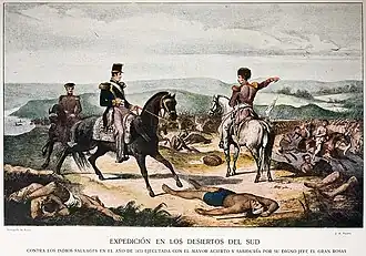 Coloured engraving depicting 3 uniformed men on horseback on a hilltop with dead bodies strewn about and one uniformed man pointing to the valley below in which half-naked warriors are fleeing before a line of uniformed and mounted troops