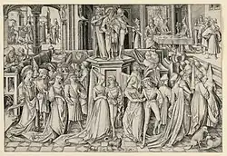 Dance at Herod's Court, c. 1490, at 21.4 x 31.8&nbsp;cm (8 7/16 x 12 1/2 in.) his largest print.
