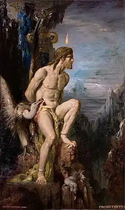 Image 58Prometheus (1868) by Gustave Moreau. In the mythos of Hesiodus and possibly Aeschylus (the Greek trilogy Prometheus Bound, Prometheus Unbound and Prometheus Pyrphoros), Prometheus is bound and tortured for giving fire to humanity. (from Myth)