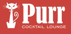 Red-and-white graphic logo with a cat and the text "Purr Cocktail Lounge"