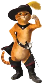 A fictional cat from the Shrek franchise, wearing boots, a feathered hat, and a cape while wielding a sword