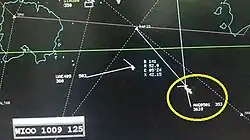 Secondary radar image shows Flight 8501 (circled in yellow) at an altitude of 36,300&nbsp;ft (11,100&nbsp;m) and climbing, travelling at 353&nbsp;kn (654&nbsp;km/h; 406&nbsp;mph) ground speed.[11]
