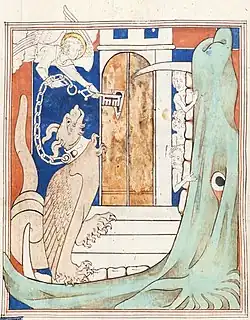 Queen Mary Apocalypse—BL Royal MS 19 B XV f. 38v Angel with key and dragon, 1st qtr 14th century