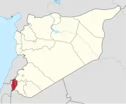 Map of Syria with Quneitra Governorate highlighted Syrian-held areas are on the right of the hatched UNDOF buffer zone; the rest is Israeli-occupied Golan Heights.