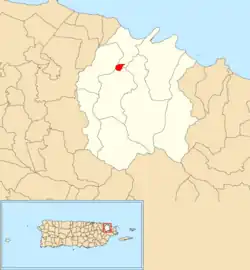 Location of Río Grande barrio-pueblo within the municipality of Río Grande shown in red