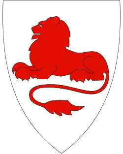 Arms of Rødøy Municipality in Norway, showing a lion couchant gules (1988)