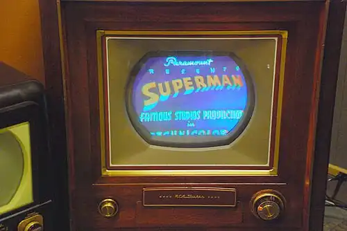 Image 20RCA CT-100 at the SPARK Museum of Electrical Invention playing Superman. The RCA CT-100 was the first mass-produced color TV set. (from Color television)