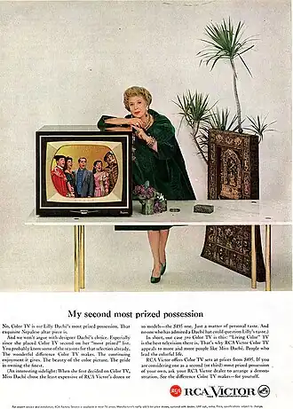Image 23An RCA Victor Color TV ad featuring milliner Lilly Daché in 1959. (from Color television)