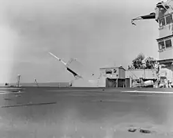 USS Okinawa fires a RIM-7 Sea Sparrow Missile on 9 January 1970.