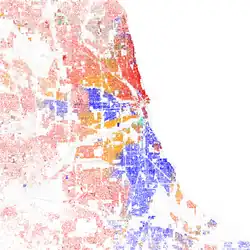 Image 17Map of racial distribution in Chicago, 2010 U.S. census. Each dot is 25 people: ⬤&nbsp;White ⬤&nbsp;Black ⬤&nbsp;Asian ⬤&nbsp;Hispanic ⬤&nbsp;Other (from Chicago)