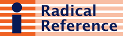 an orange and white striped banner with a blue letter I over the top and the words Radical Reference to the right in blue