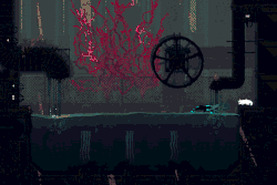 The slugcat swims from a pursuing blue lizard.