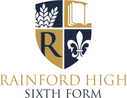 A blue version of the Rainford High Badge. Top left: A wheatsheaf, representing the village of Rainford. Top right: A book, representing learning and knowledge. Bottom left: The letter R, representing the school's name. Bottom right: A fleur-de-lis, representing togetherness and love. Text: Rainford High Sixth Form.