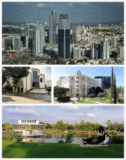 View of the Diamond Exchange District from the Azrieli Center, As well with Bar-Ilan University with the Ramat Gan Greater Synagogue on the left with the Ramat Gan National Park Below