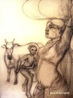 Encounter on the Way back from the Forest; Mumbiram, Charcoal, 1985, Pune