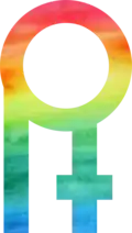 The logo, shaped like the letter R, represents the female gender symbol in rainbow colors